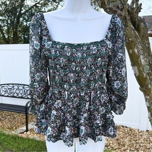 American Eagle Floral Smocked Peplum Blouse Size M Cottagecore Boho Top